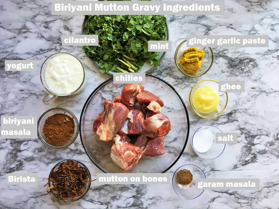Mutton gravy for biryani ingredients in bowls