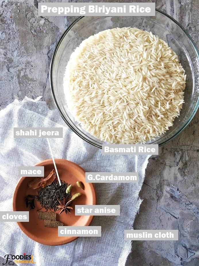 Basmati rice & the masala potli ingredients on a grey surface