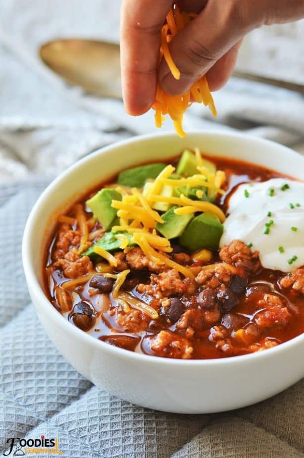 Instant Pot turkey black bean chili in a white bowl