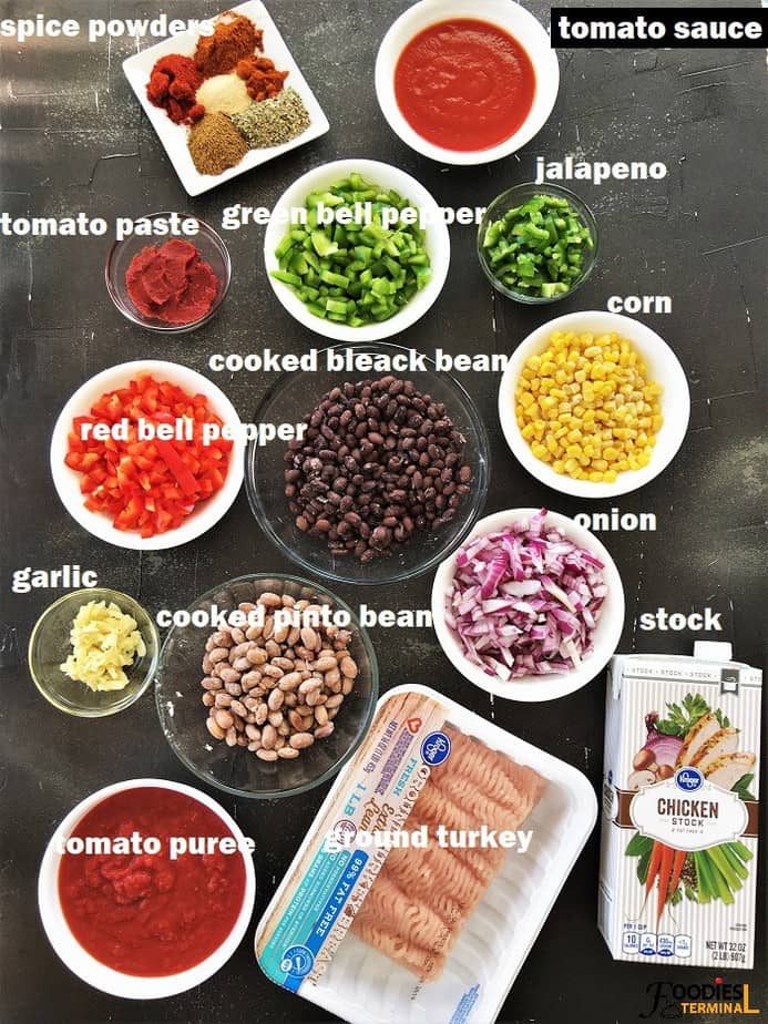 Instant pot turkey bean chili ingredients in bowls on a black surface