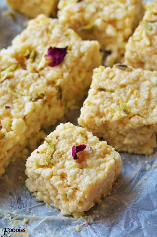 Kalakand with condensed milk with a rose petal on top