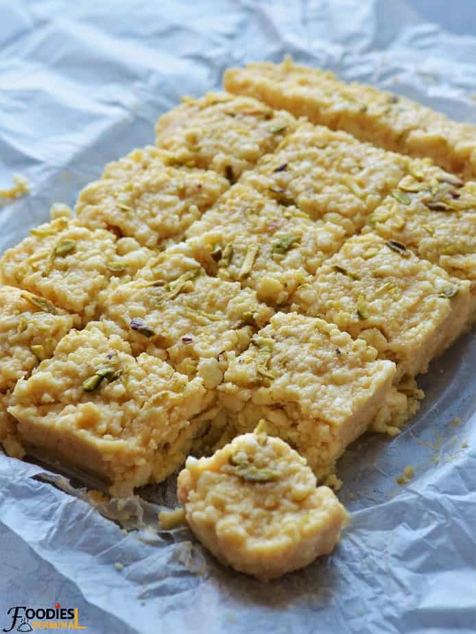 Quick Kalakand recipe sliced into squares 