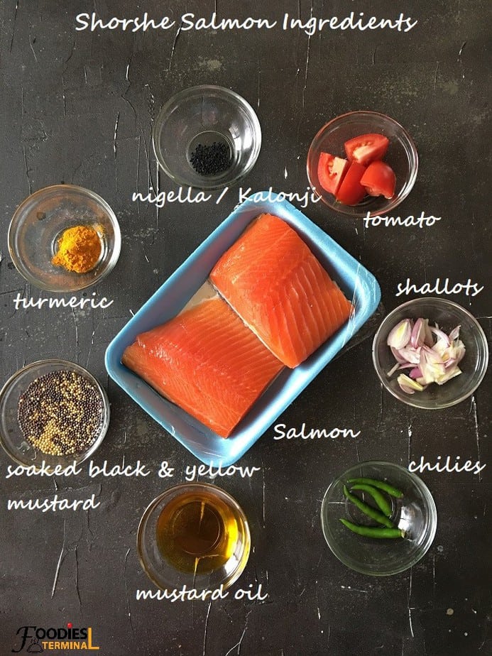 Shorshe Salmon jhal ingredients in bowls