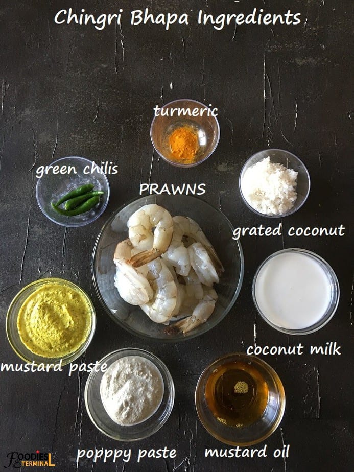 Posto shorshe Bhapa prawns ingredients in bowls