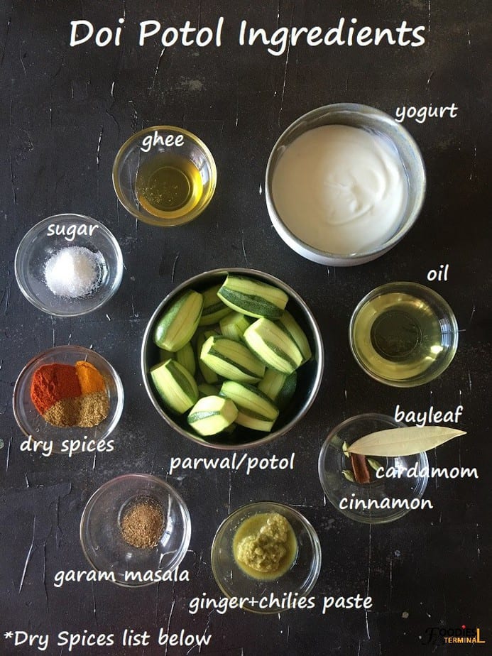 Dahi parwal ingredients in bowls