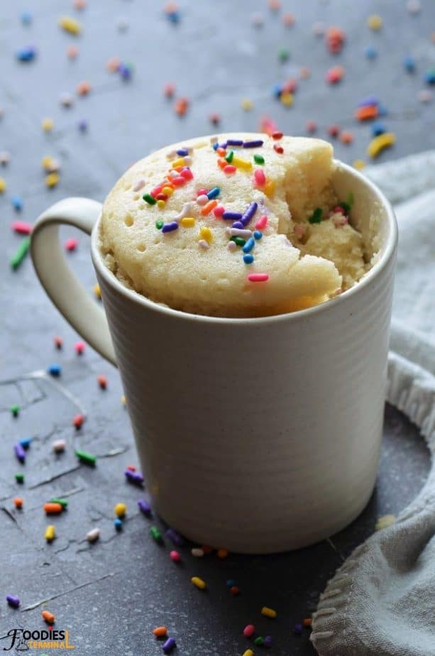 Easy eggless microwave vanilla mug cake with funfetti
