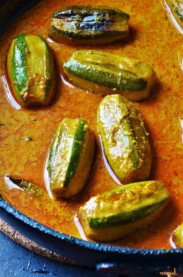 Bengali doi potol in a skillet