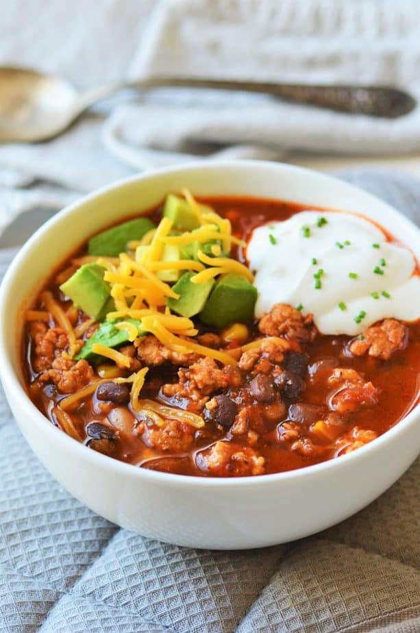 Turkey black bean corn chili with cream on top