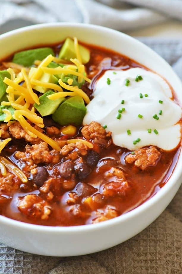 Easy Instant Pot Turkey Chili with cheese, avocado & cream