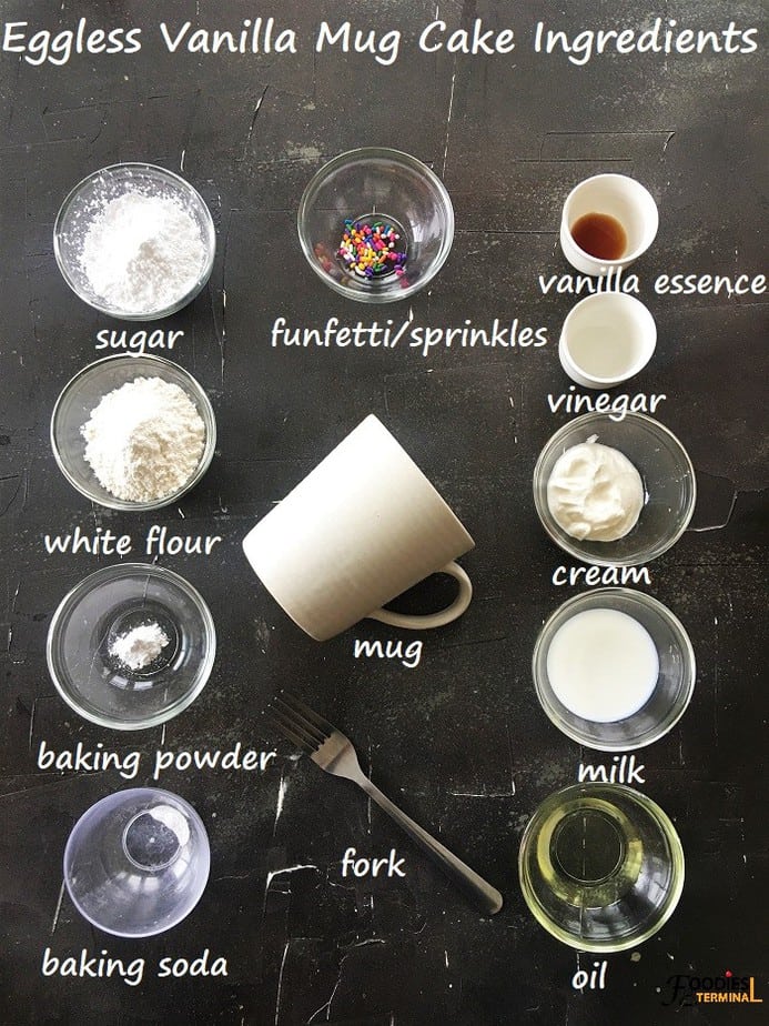 Moist vanilla mug cake ingredients in bowls