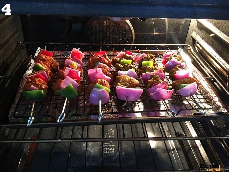 baking the skewered chicken tikka kabab in oven