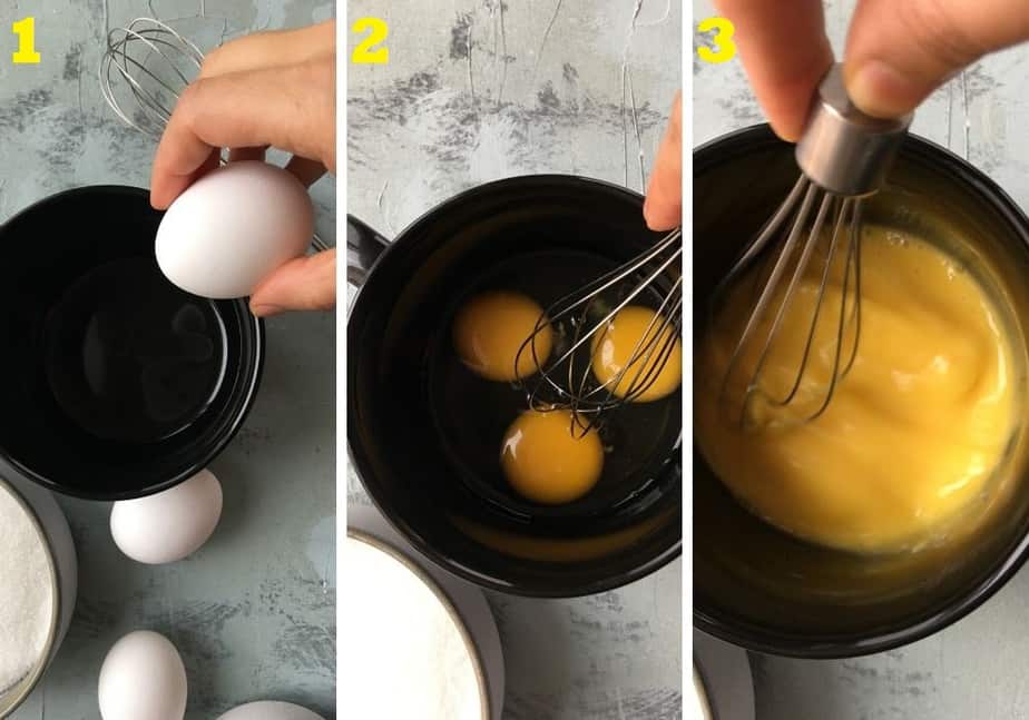 beating eggs in a black bowl with whisk step by step process photos