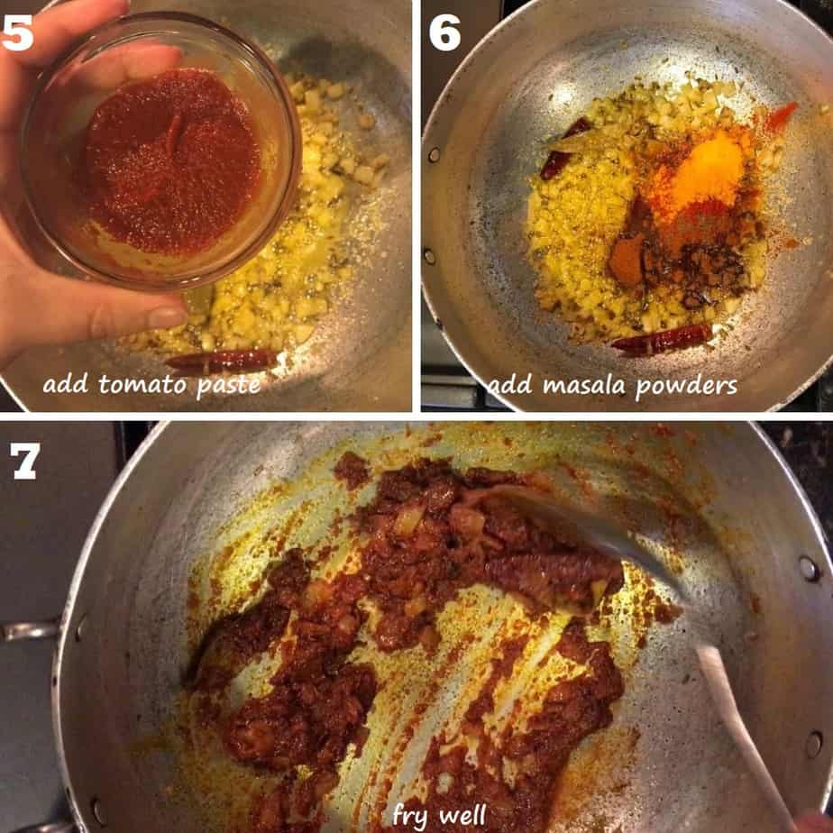  faire frire les poudres de masala et la pâte de tomate 