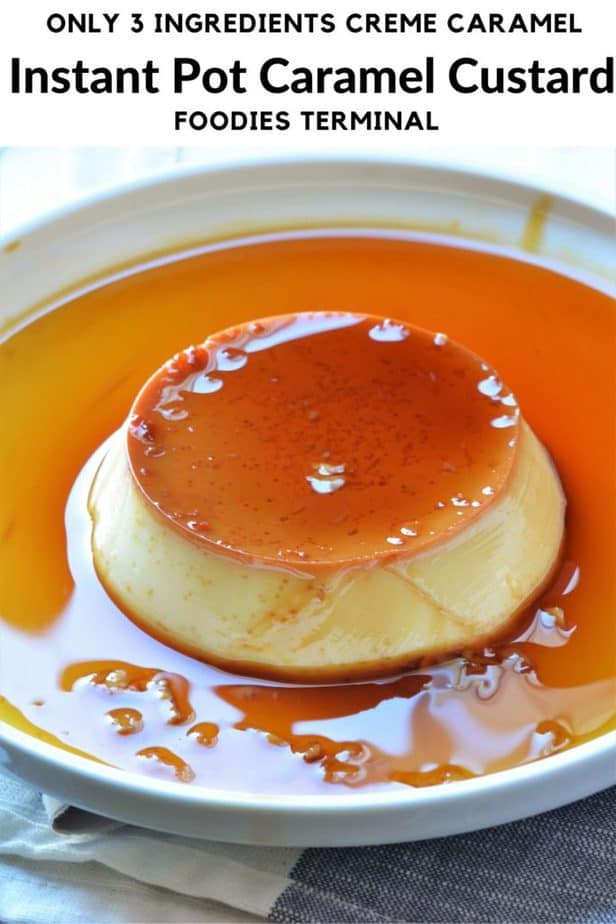 Caramel Custard pudding with lots of caramel sauce on a white plate