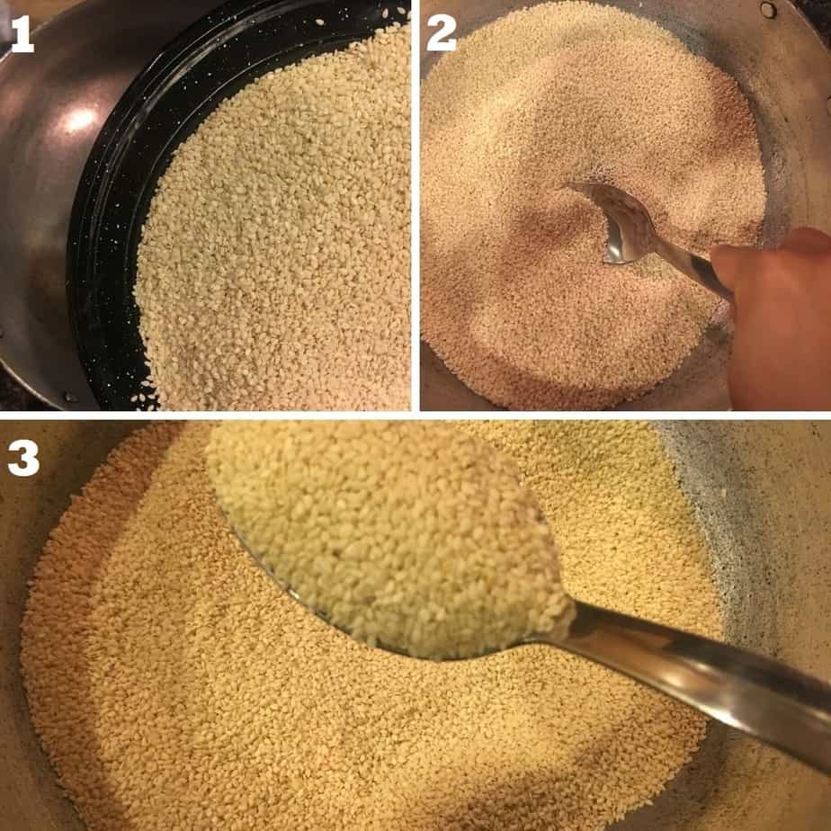 roasting the sesame seeds