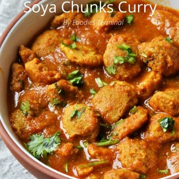 Soya Chunks Curry made in instant Pot in a red rimmed bowl