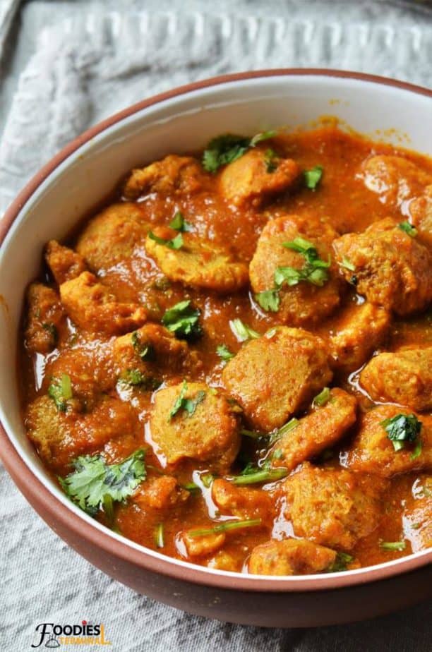 Soya chunks curry made with nutrela served in bowl