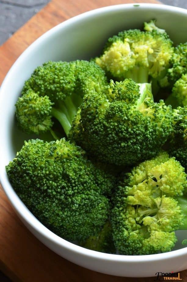 Pressure cooked broccoli florets in bowl