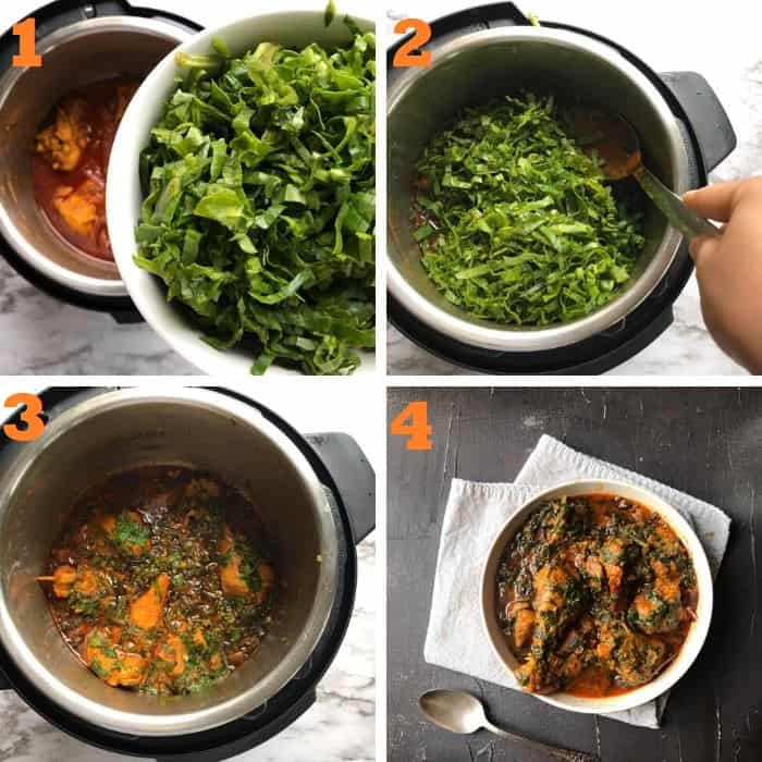 step by step adding the spinach and simmering the chicken and spinach curry