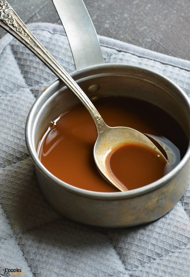 gumbo roux dark brown roux in a small pan