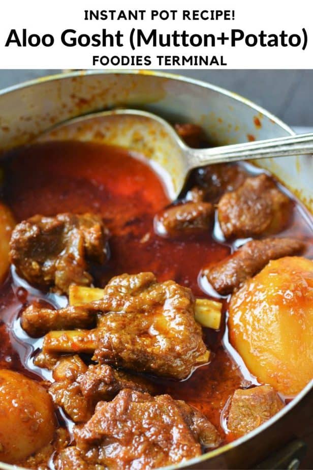 Pakistani aloo gosht recipe in pot with a spoon