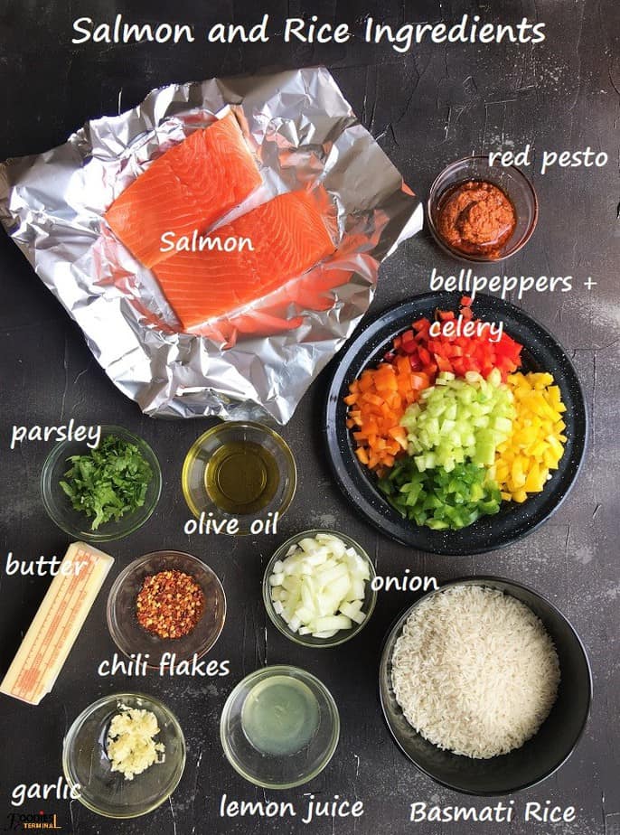 Healthy salmon and rice ingredients in bowls on a black surface