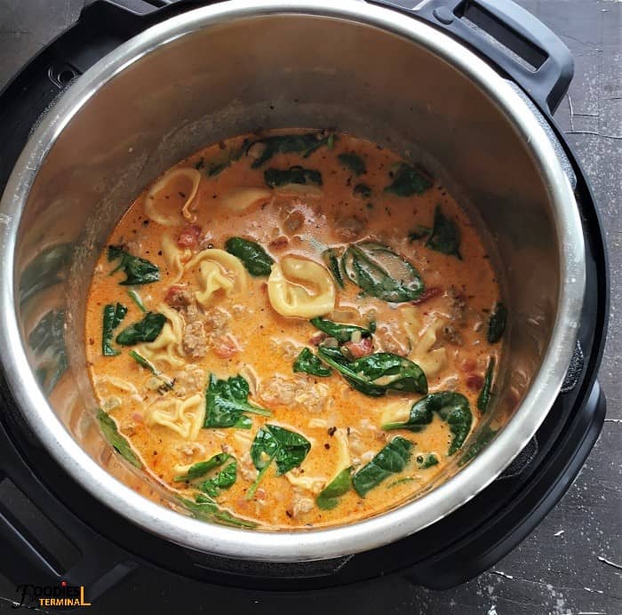 creamy tortellini soup with sausage and spinach in the Instant Pot