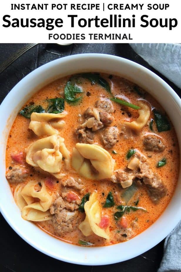 creamy tortellini soup recipe with sausage served in a white porcelain bowl