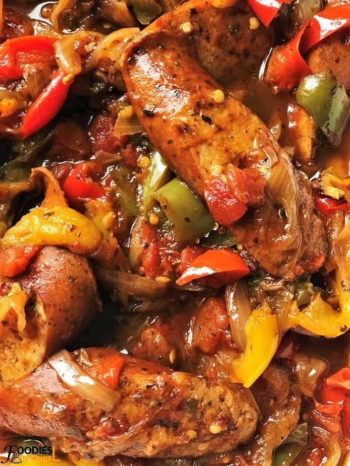 authentic sausage, peppers and onions close up photo
