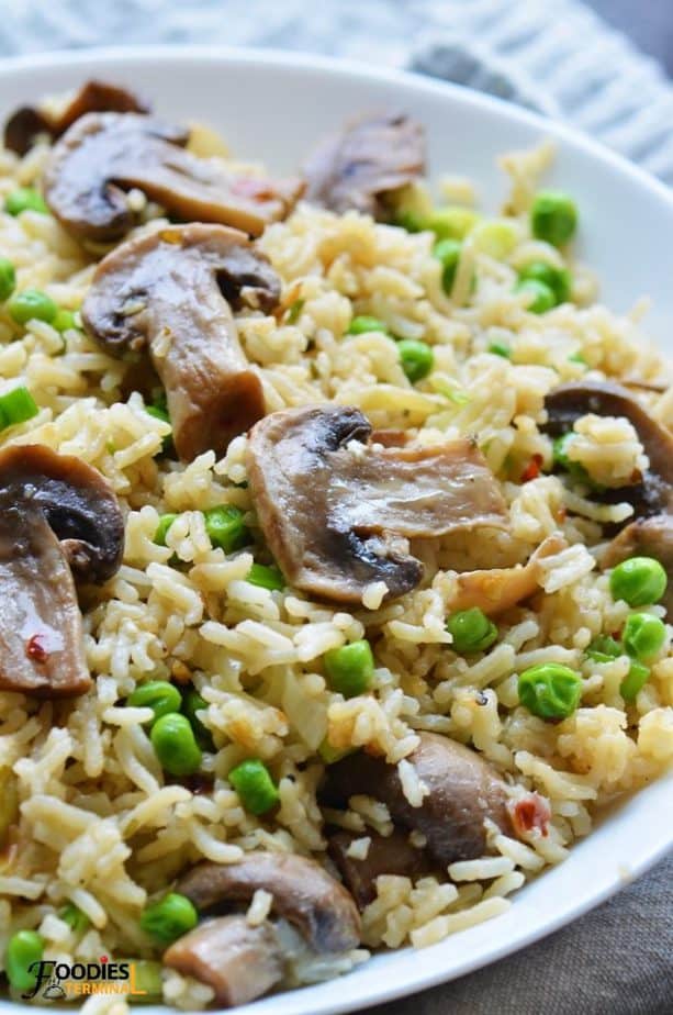 vegan instant pot mushroom rice in a white bowl