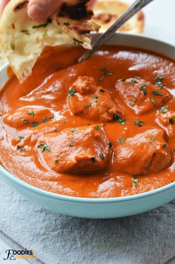 Easy Instant Pot Butter Chicken in pale blue bowl