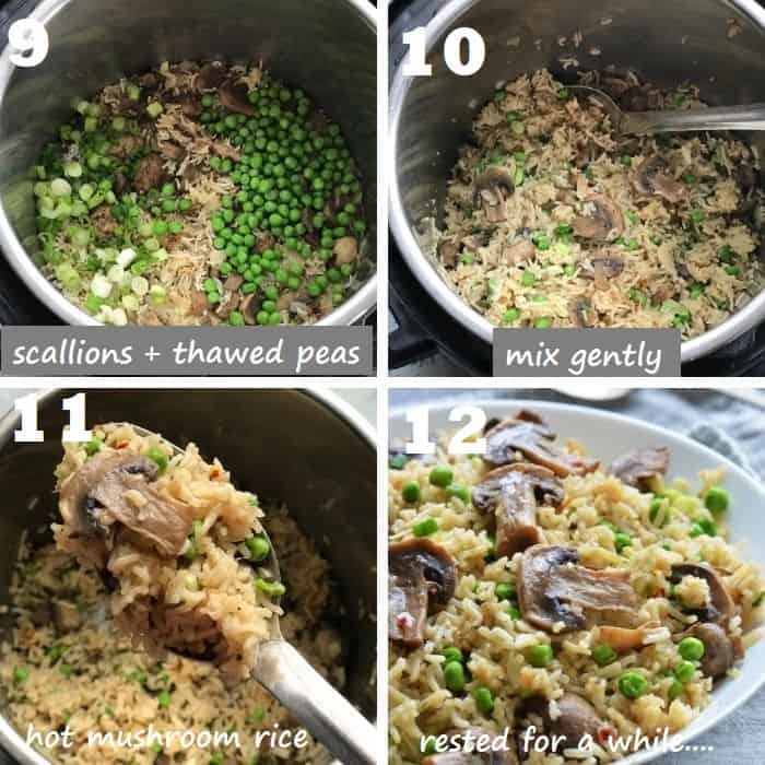 fluffing the cooked mushroom rice pilaf and adding peas and scallions