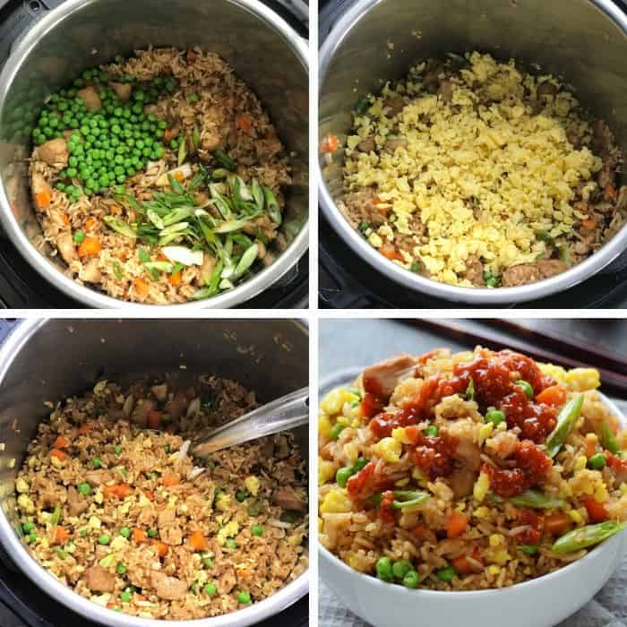 mixing sauces, garnishes, egg in the cooked chicken fried rice in instant pot