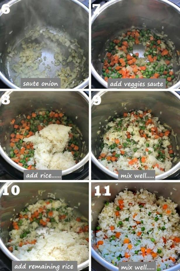 collage of Assembling hibachi fried rice in instant pot step by step