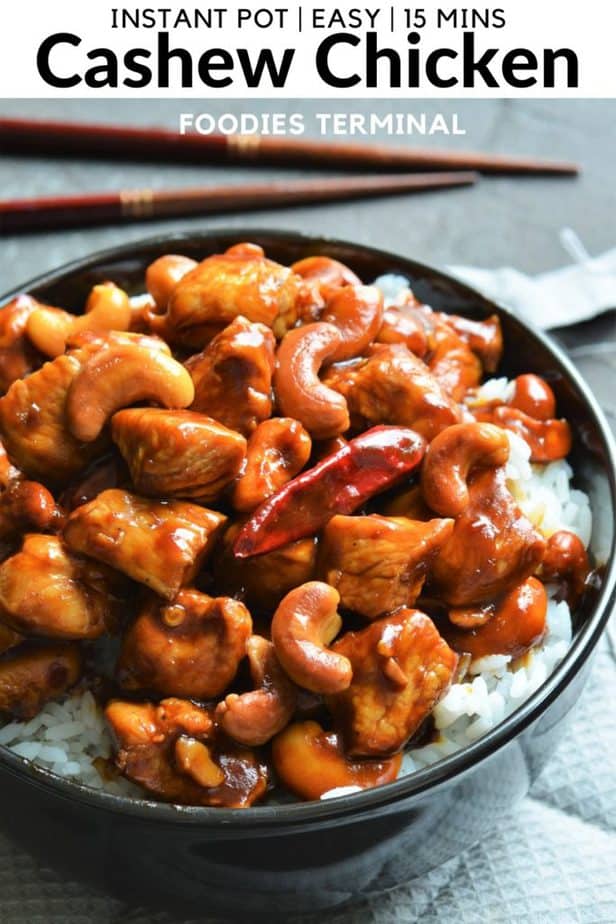 Instant Pot cashew chicken served in black bowl over rice