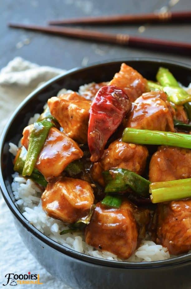 Instant pot Mongolian chicken with chicken breasts & green onion served with rice