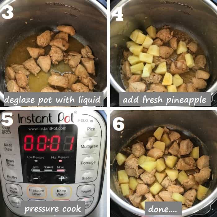 Pressure cooking chicken with fresh pineapple chunks in instant pot