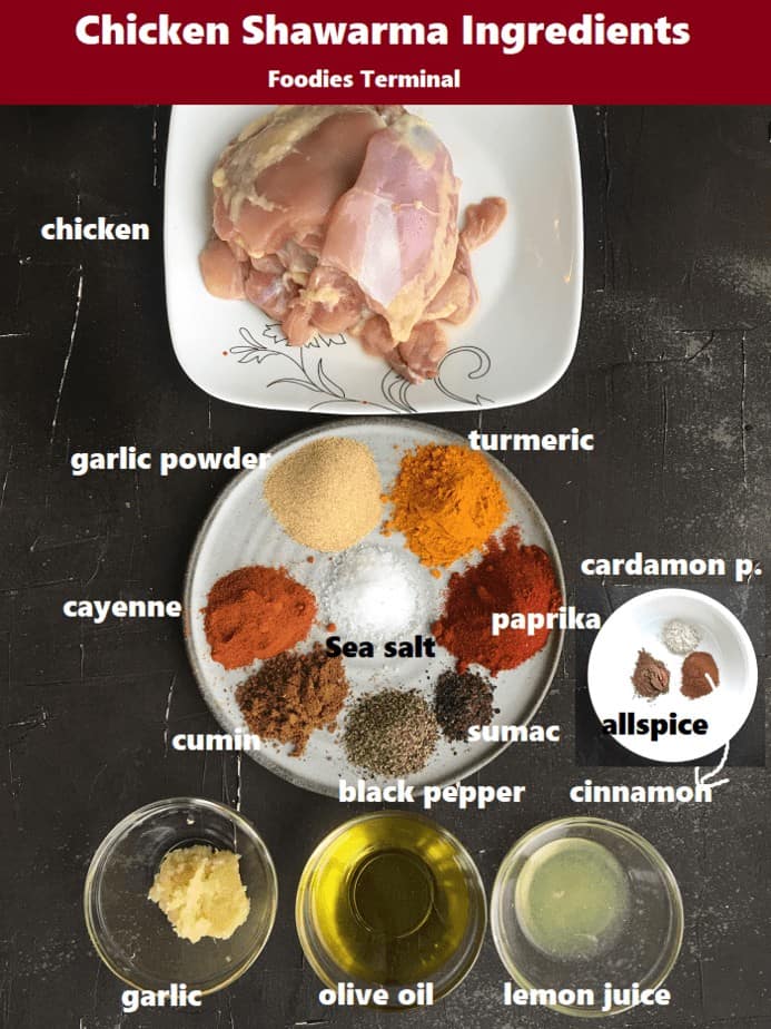recipe ingredients in plates & bowls on a black surface