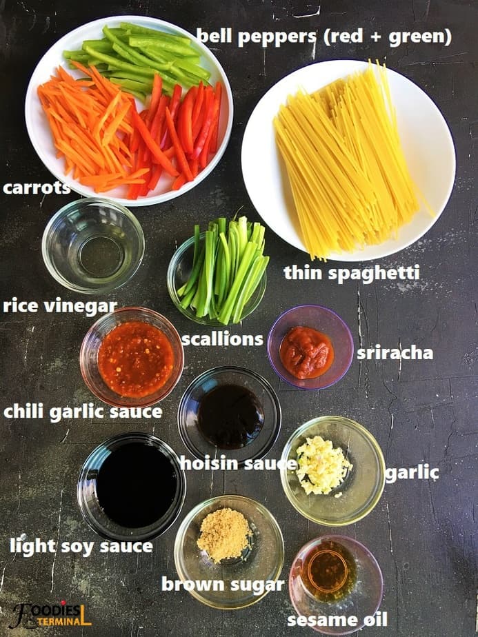 ingredients in bowls and plate on a black surface