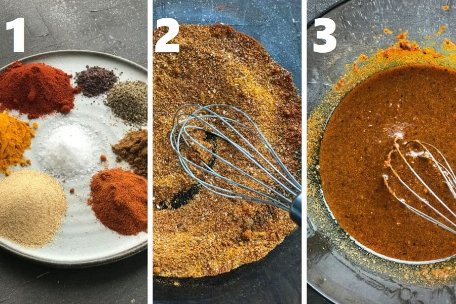 making shawarma marinade in a bowl with spices and a hand whisk