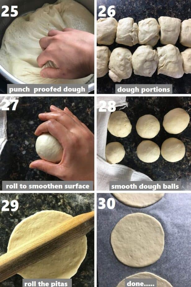 rolling out the pita bread with proofed dough portions step by step
