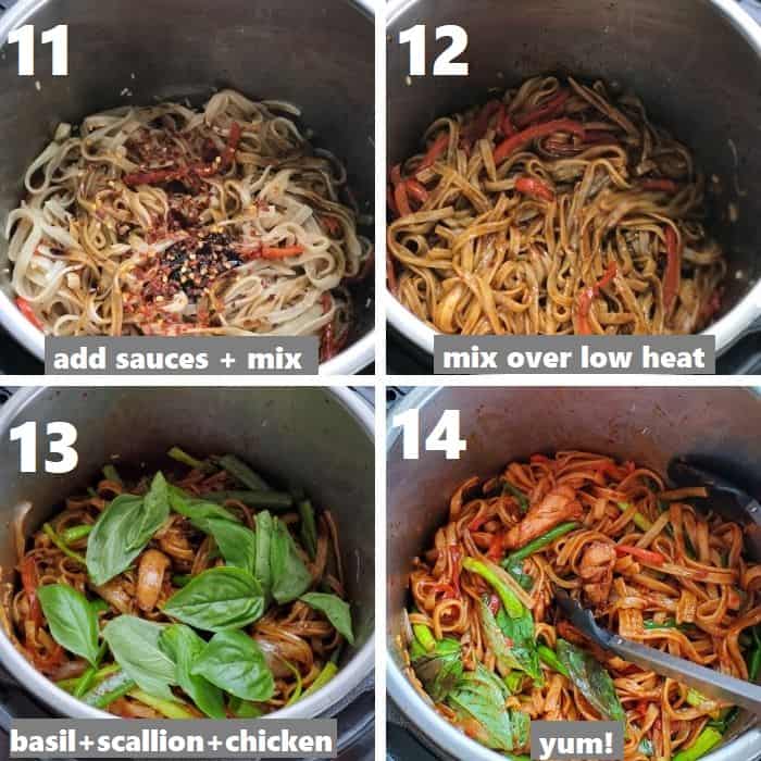 tossing rice noodles in sauces in the instant pot with basil & scallions