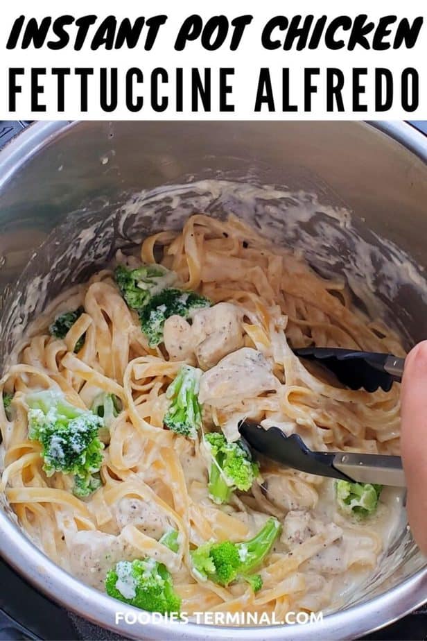 instant pot chicken fettuccine alfredo with broccoli in ready in instant pot with a tong