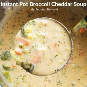Instant Pot Broccoli cheddar soup in a ladle