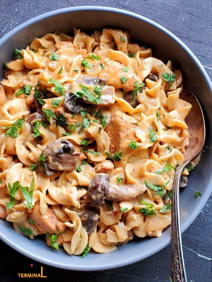 instant pot chicken stroganoff in a grey bowl with a spoon garnished with parsley