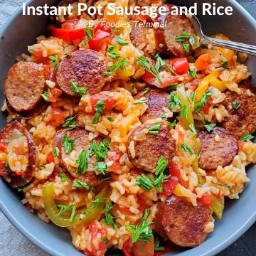 Instant Pot Smoked sausage and rice in a grey bowl with a spoon