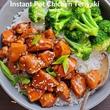 Instant Pot chicken teriyaki served on rice with broccoli