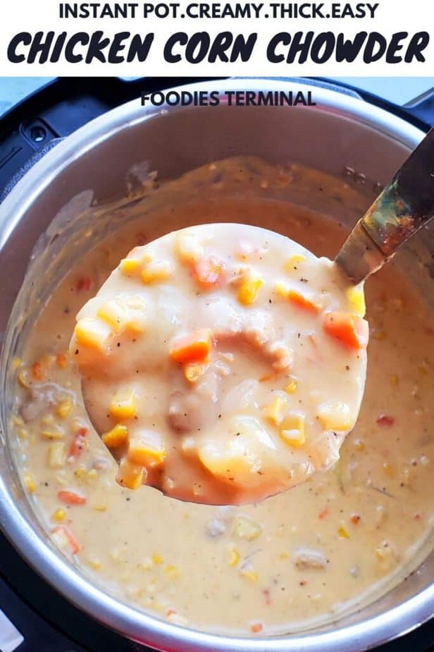 chicken bacon corn chowder in instant pot in a ladle