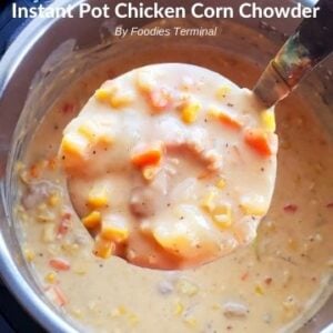chicken bacon corn chowder in a ladle