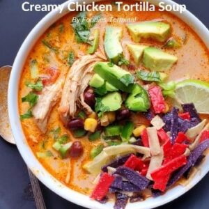 creamy chicken tortilla soup instant pot in a white bowl